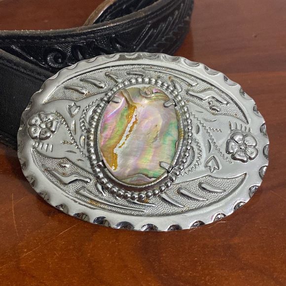 PRCA Rodeo Black Tooled Leather Belt Metal Buckle with Mother of Pearl Adult 34 main image 4